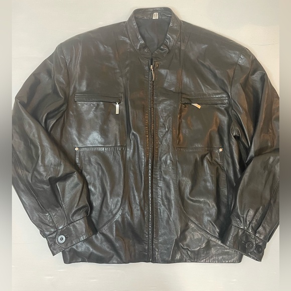 VTG D. Fine Las Vegas Soft Leather Moto Jacket Black Zip Front Made in Spain 42